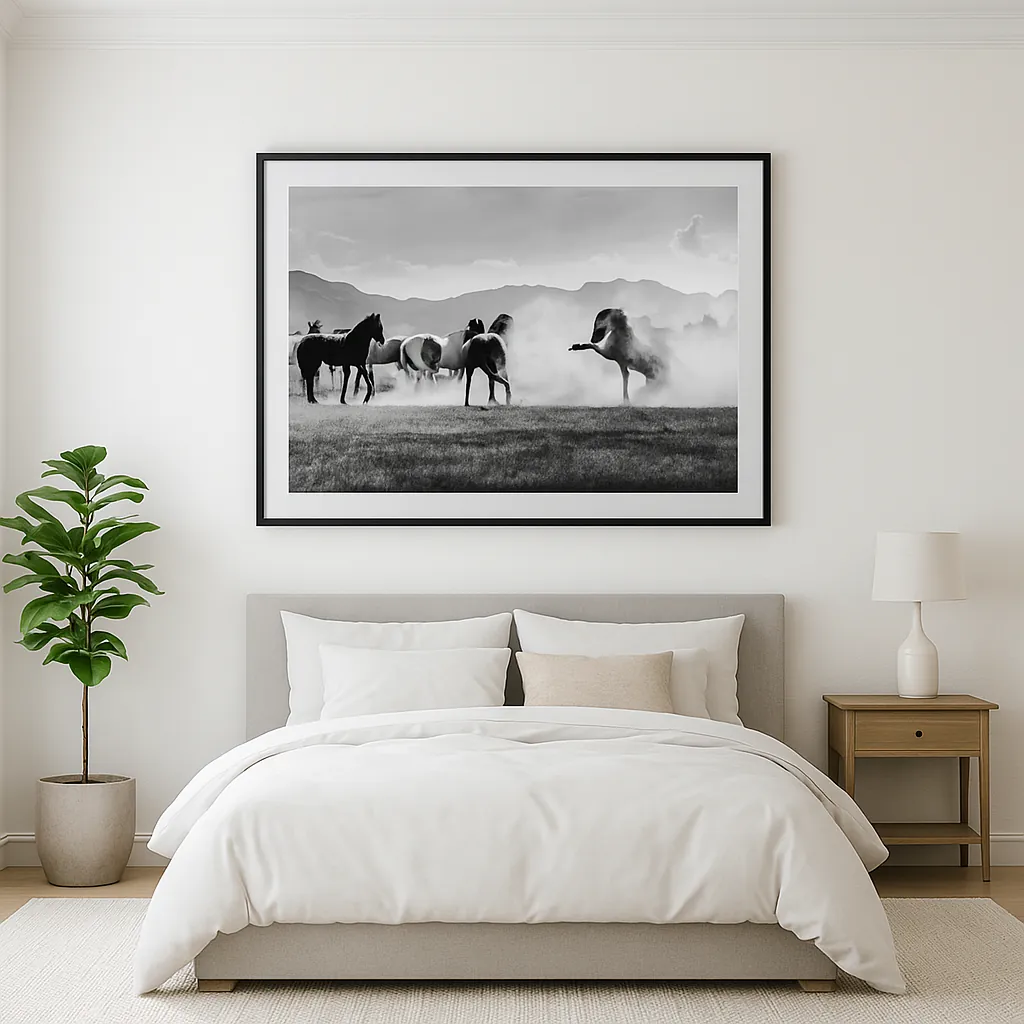 Wild horses wall art room simulation