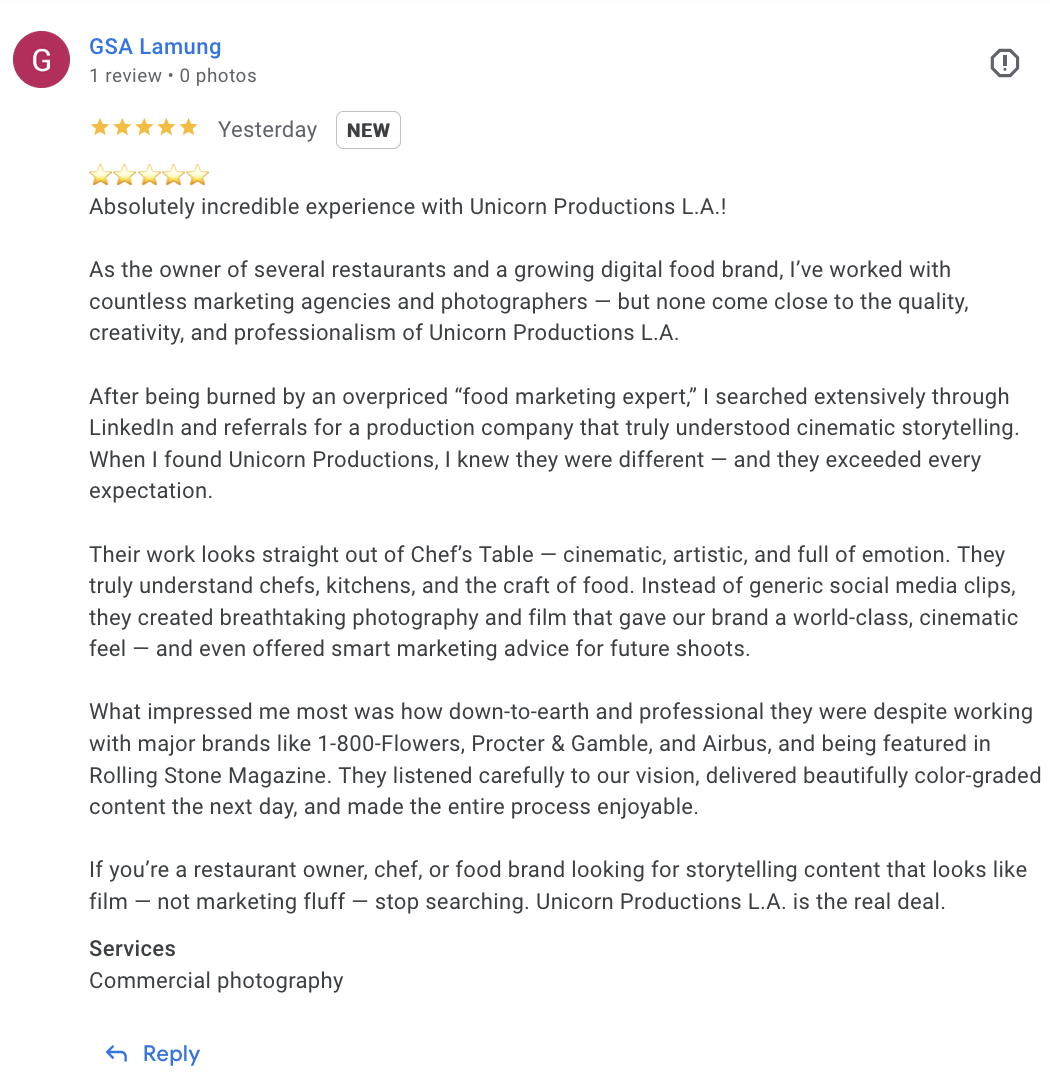 Actual Google review for Unicorn Productions L.A.