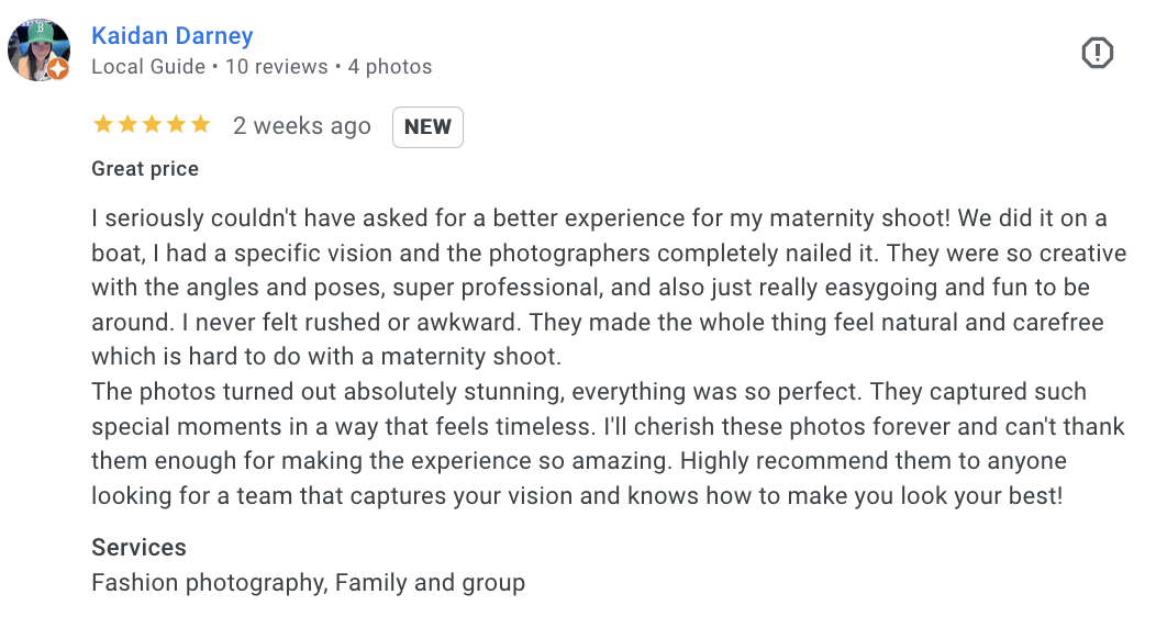 Actual Google review for maternity and family photography