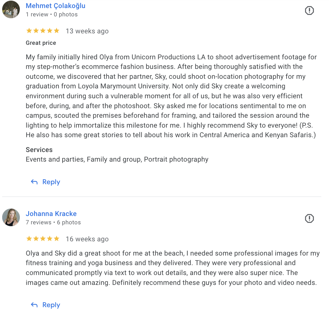 Actual Google review for family event photography