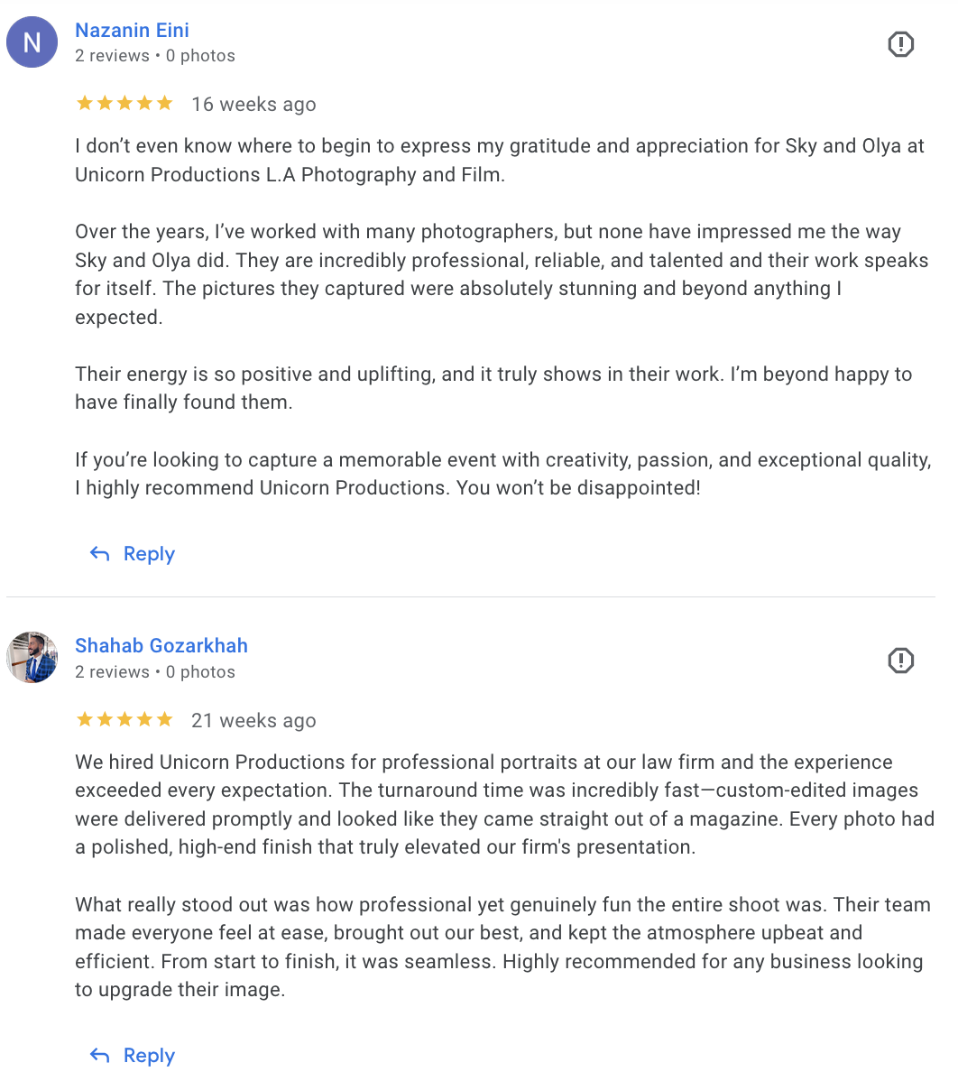 Actual Google review for Unicorn Productions L.A.