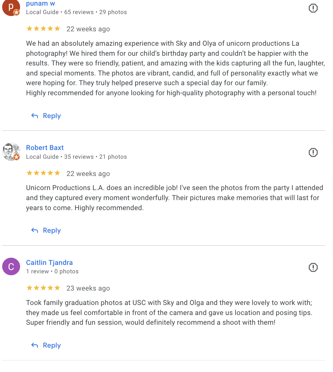 Actual Google review for Unicorn Productions L.A.