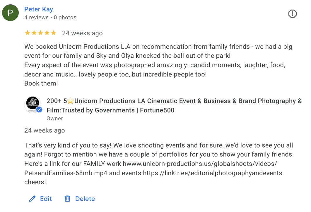 Actual Google review for a family celebration