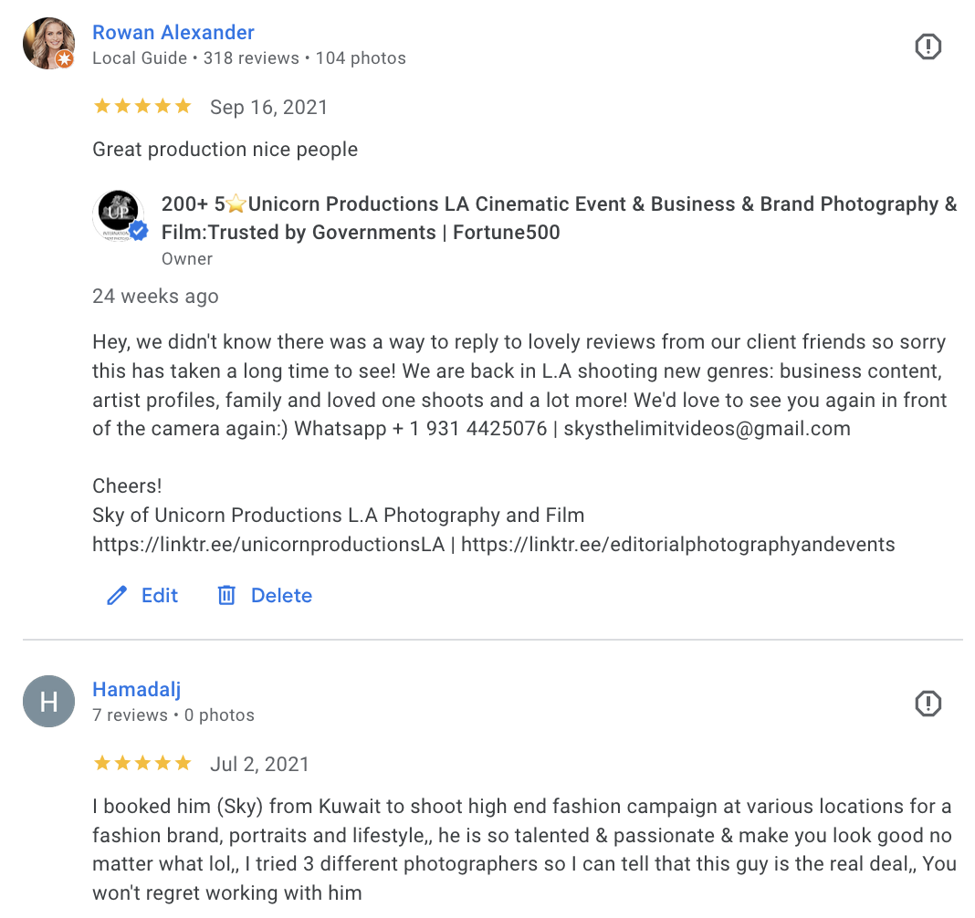 Actual Google review for Unicorn Productions L.A.