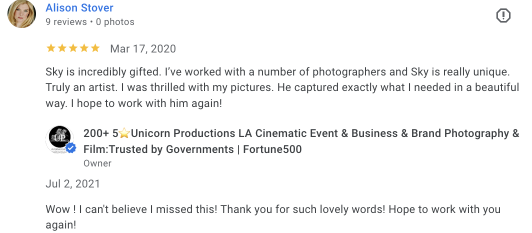 Actual Google review for Unicorn Productions L.A.