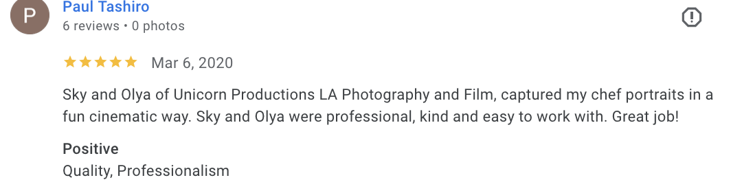Actual Google review for Unicorn Productions L.A.