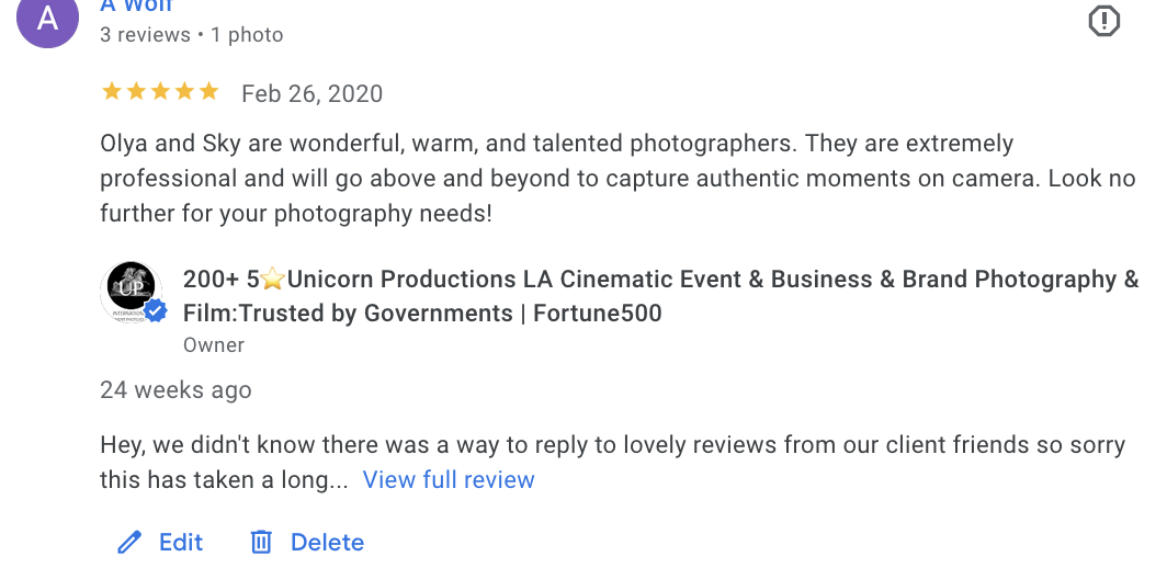 Actual Google review for Unicorn Productions L.A.