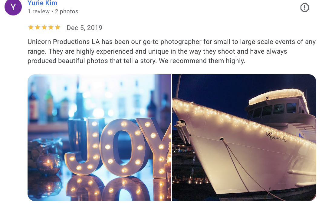 Actual Google review for Unicorn Productions L.A.