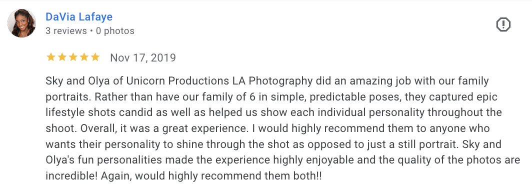 Actual Google review for Unicorn Productions L.A.