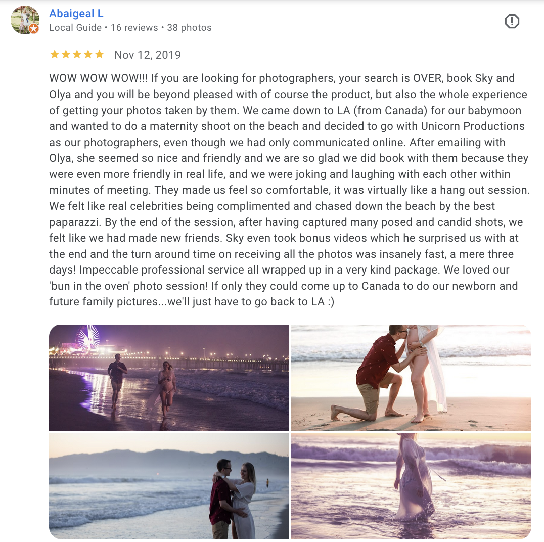 Actual Google review for Unicorn Productions L.A.
