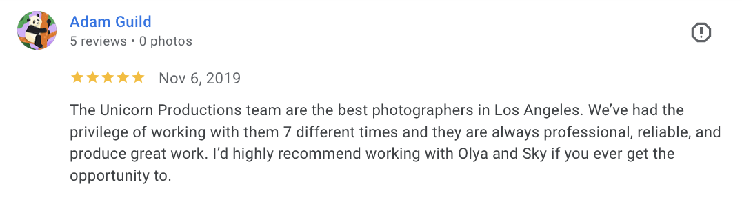 Actual Google review for Unicorn Productions L.A.
