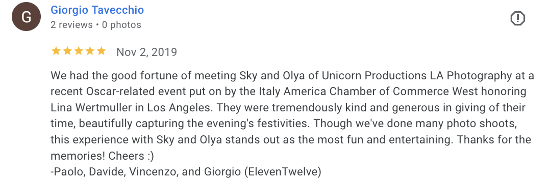 Actual Google review for Unicorn Productions L.A.