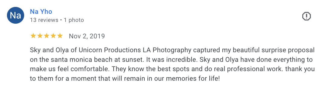 Actual Google review for Unicorn Productions L.A.