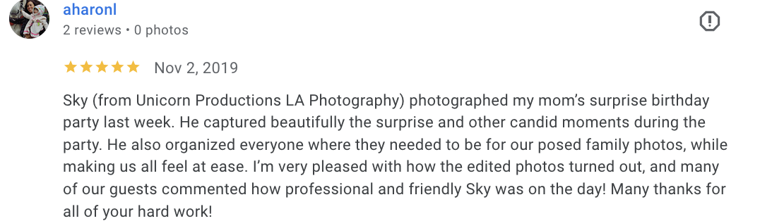 Actual Google review for Unicorn Productions L.A.