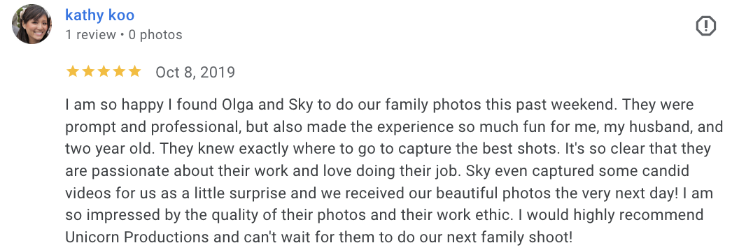 Actual Google review for Unicorn Productions L.A.