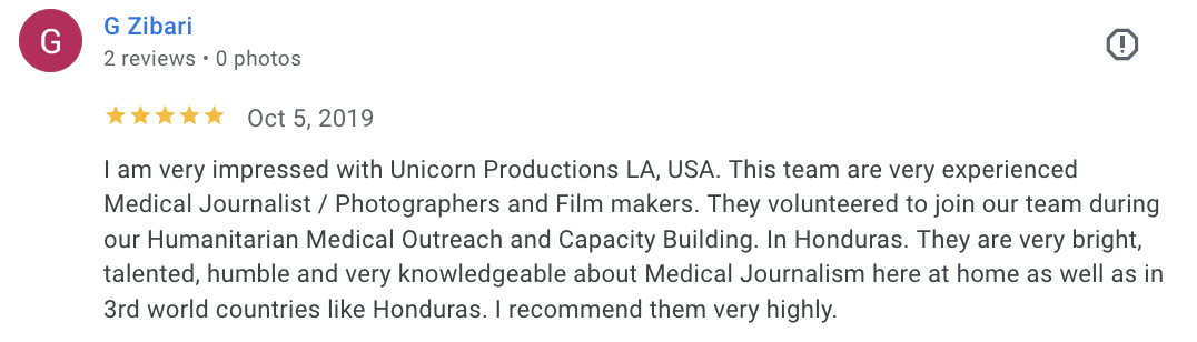 Actual Google review for Unicorn Productions L.A.