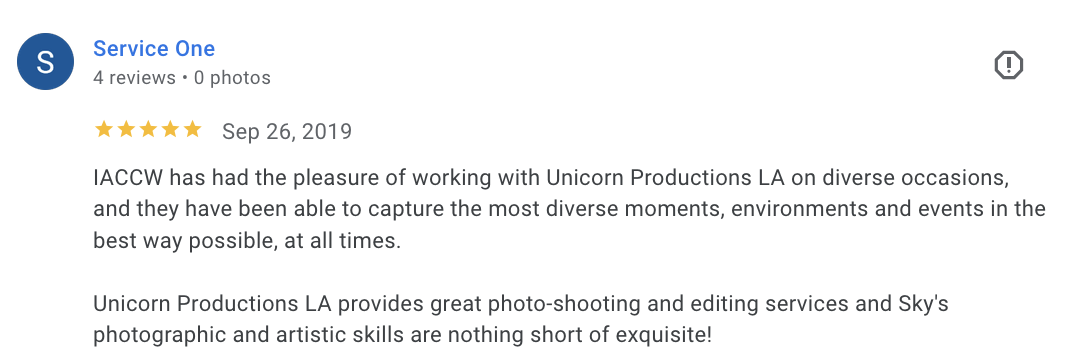 Actual Google review for Unicorn Productions L.A.