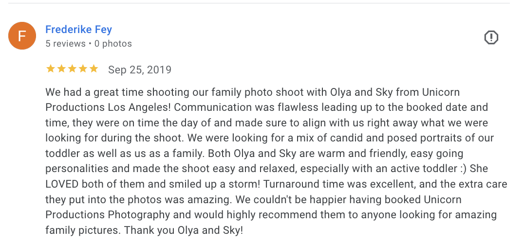 Actual Google review for Unicorn Productions L.A.
