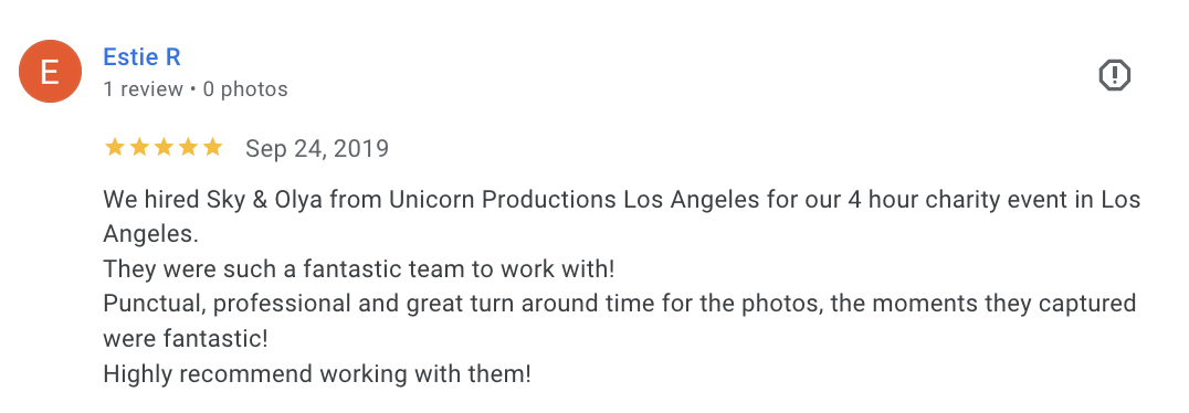 Actual Google review for Unicorn Productions L.A.