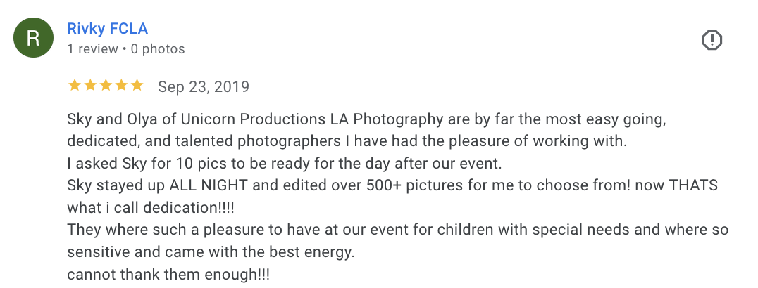 Actual Google review for Unicorn Productions L.A.