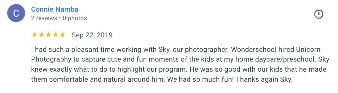 Actual Google review for Unicorn Productions L.A.
