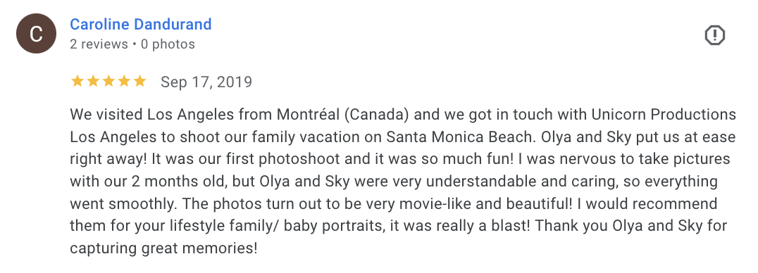 Actual Google review for Unicorn Productions L.A.