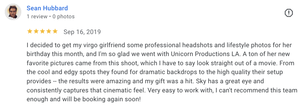 Actual Google review for Unicorn Productions L.A.