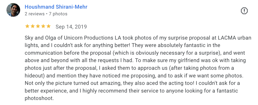 Actual Google review for Unicorn Productions L.A.