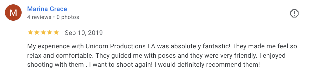 Actual Google review for Unicorn Productions L.A.