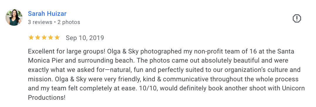 Actual Google review for Unicorn Productions L.A.