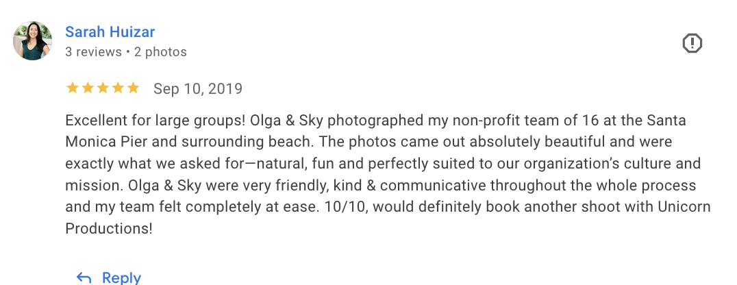 Actual Google review for Unicorn Productions L.A.