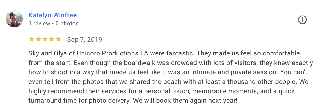 Actual Google review for Unicorn Productions L.A.