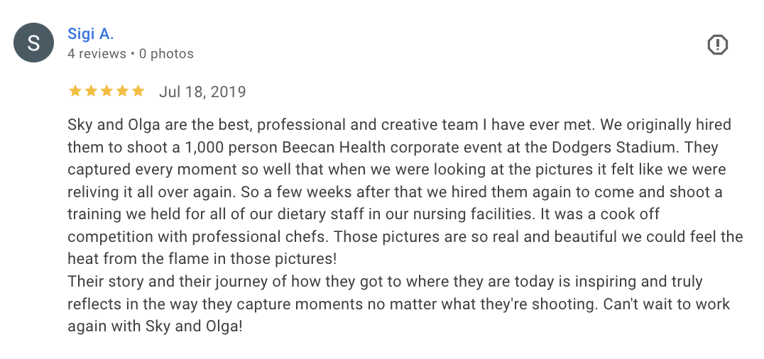 Actual Google review for Unicorn Productions L.A.