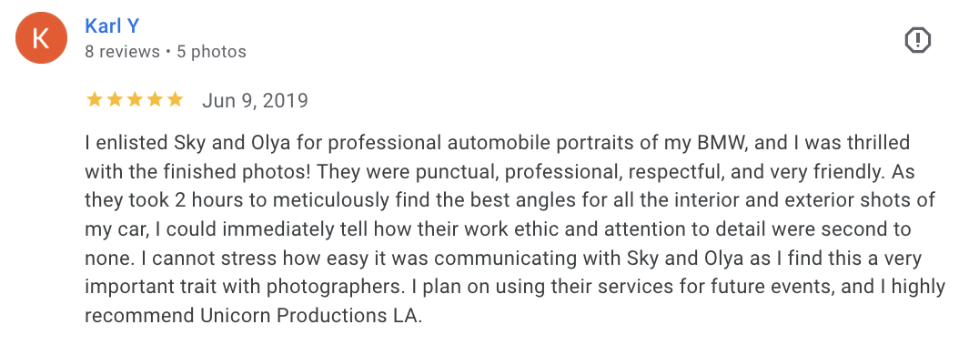 Actual Google review for Unicorn Productions L.A.