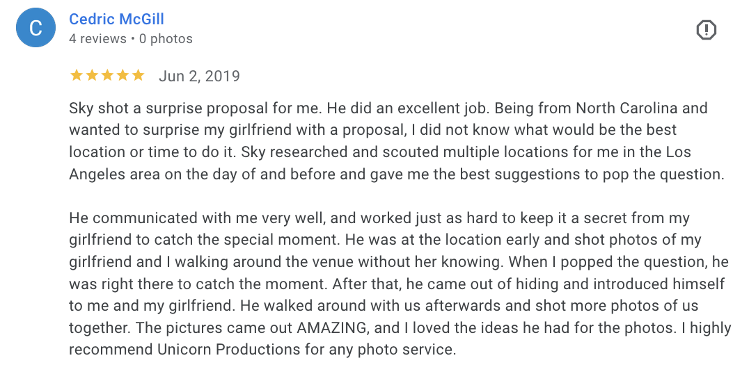 Actual Google review for Unicorn Productions L.A.