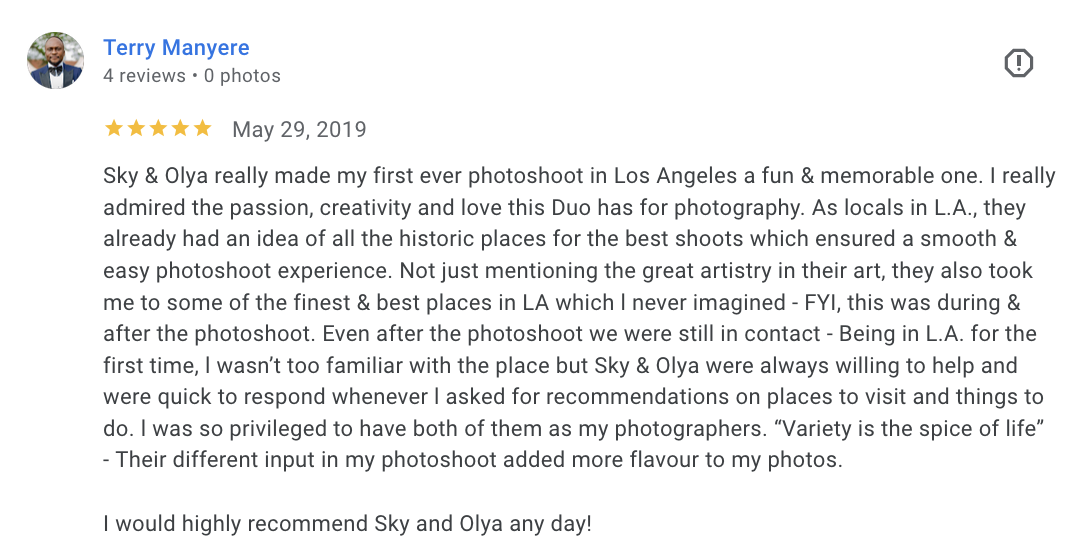 Actual Google review for Unicorn Productions L.A.