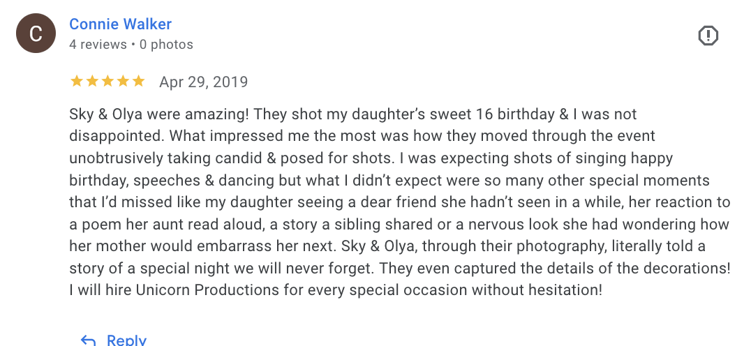 Actual Google review for Unicorn Productions L.A.