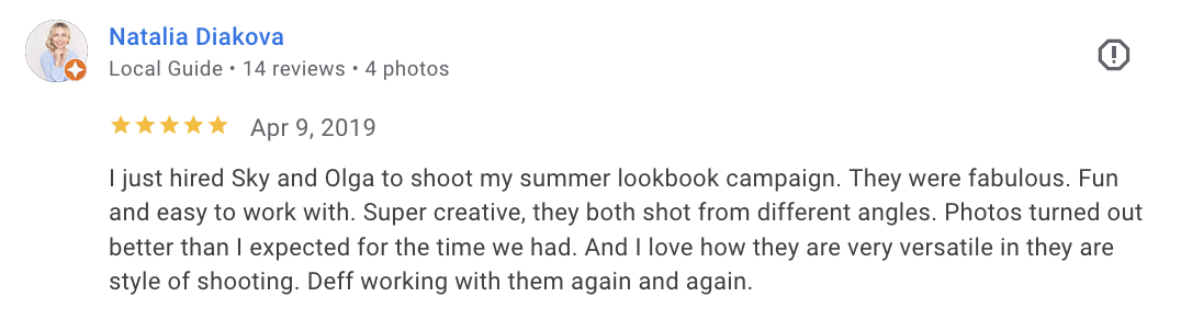 Actual Google review for Unicorn Productions L.A.