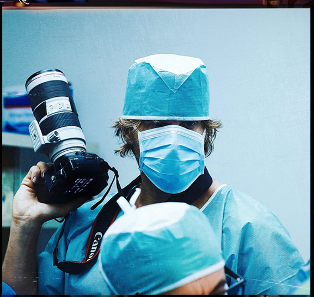 Sky B filming inside an operating room with a professional Canon camera